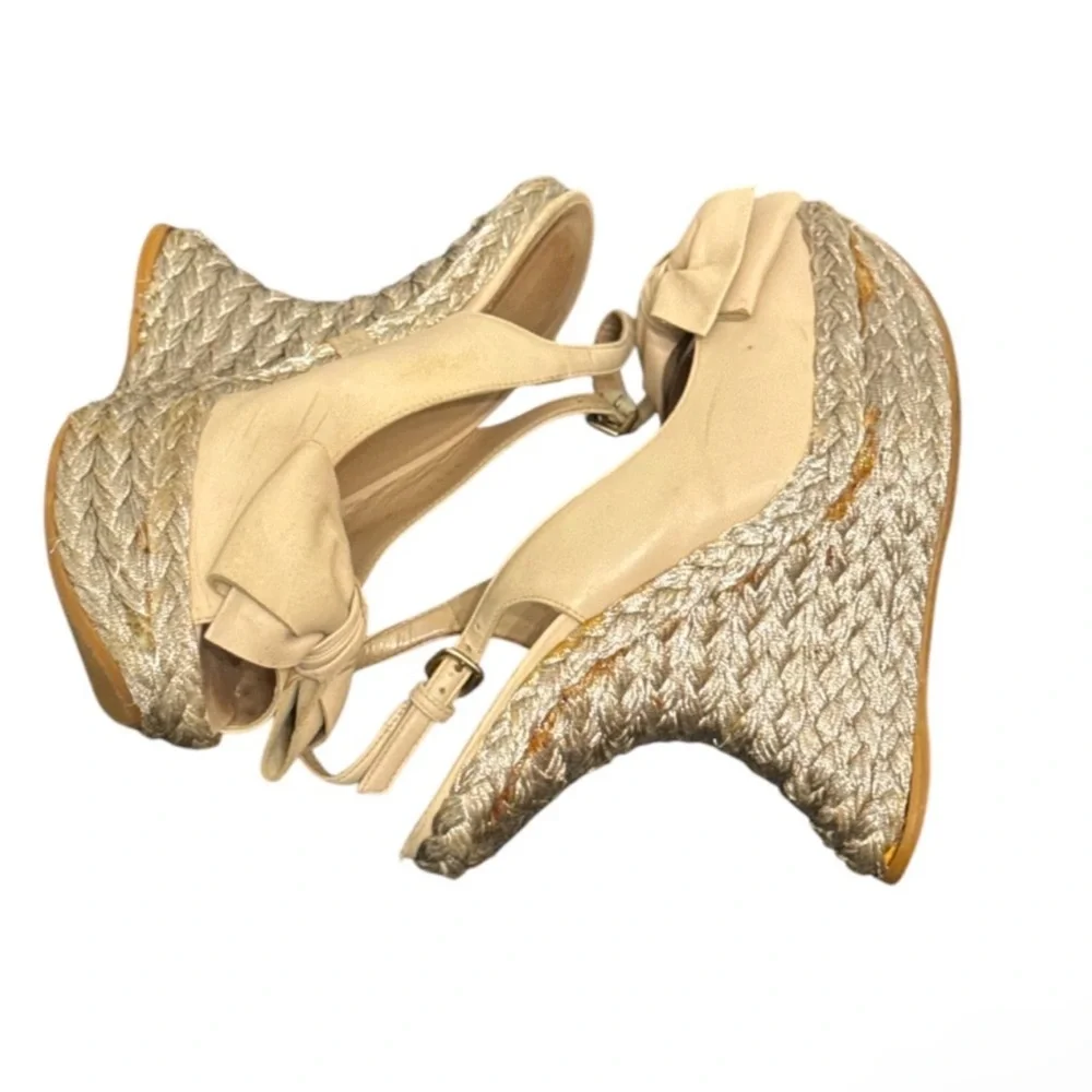 Authentic Stuart Weitzman luxury designer bow leather platform espadrilles Sz 8